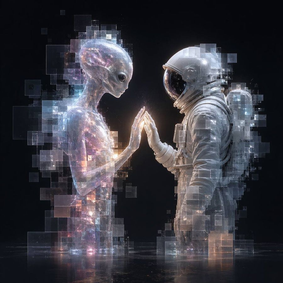 Encuentro entre alienígena y astronauta de cristal pixelado