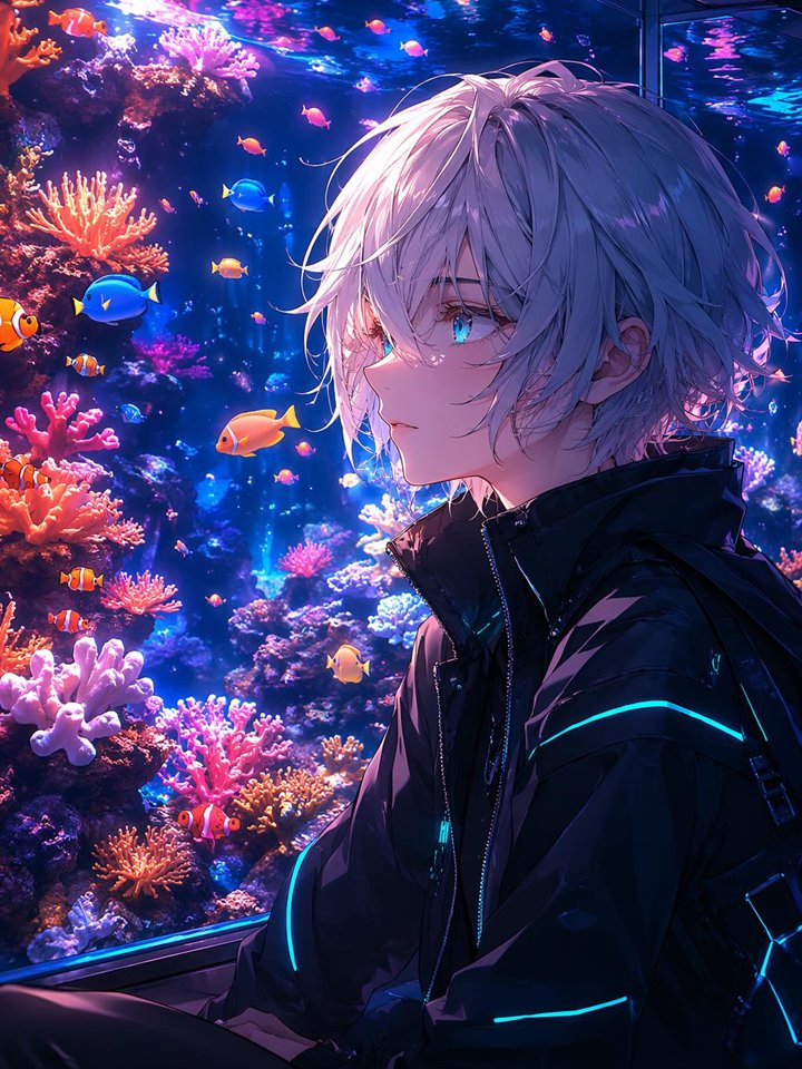 Portrait anime cyberpunk en aquarium