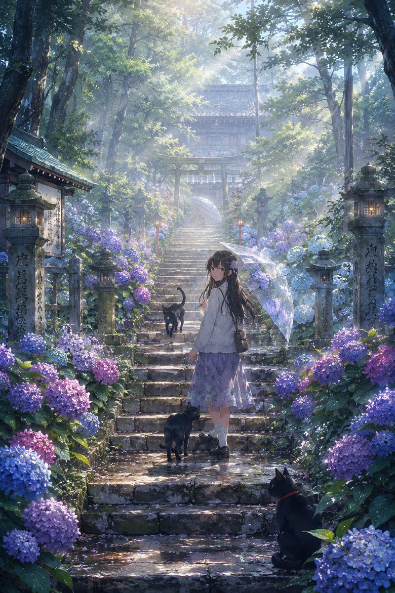 Scène de sanctuaire sous la pluie avec hortensias