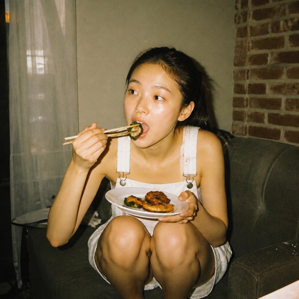 Candid Couch Dinner Flash Photo