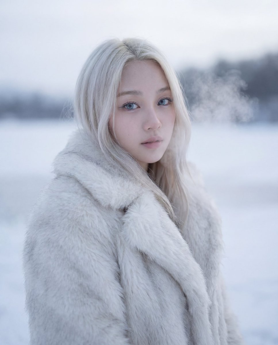 Sample output image for Cinematic Platinum Blonde Winter Portrait