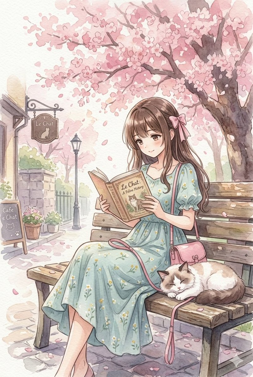 Ragazza anime in acquerello che legge sotto i ciliegi in fiore