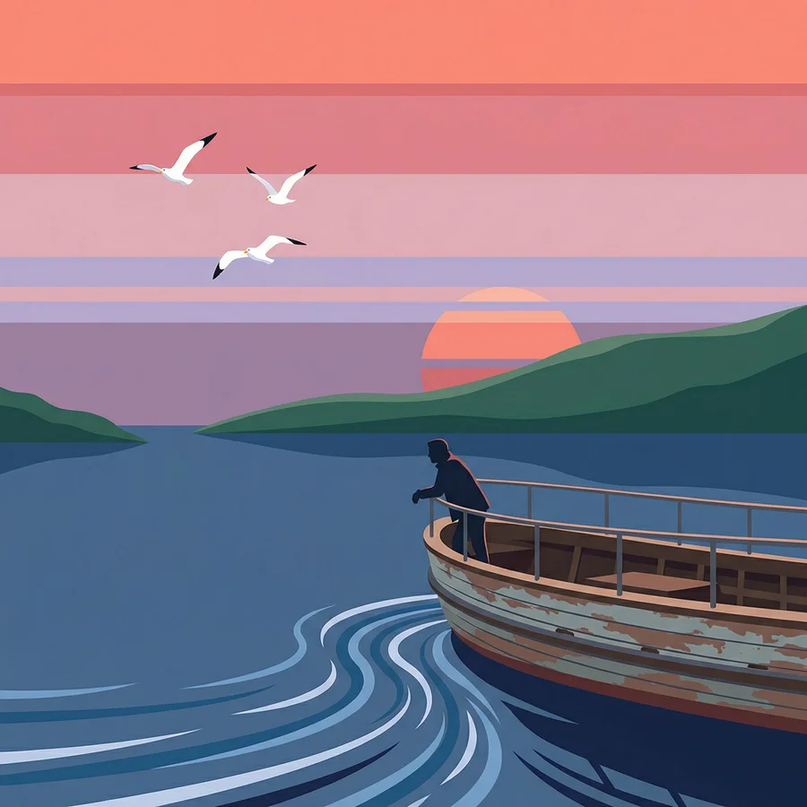 Illustration eines Fischerboots bei Sonnenuntergang