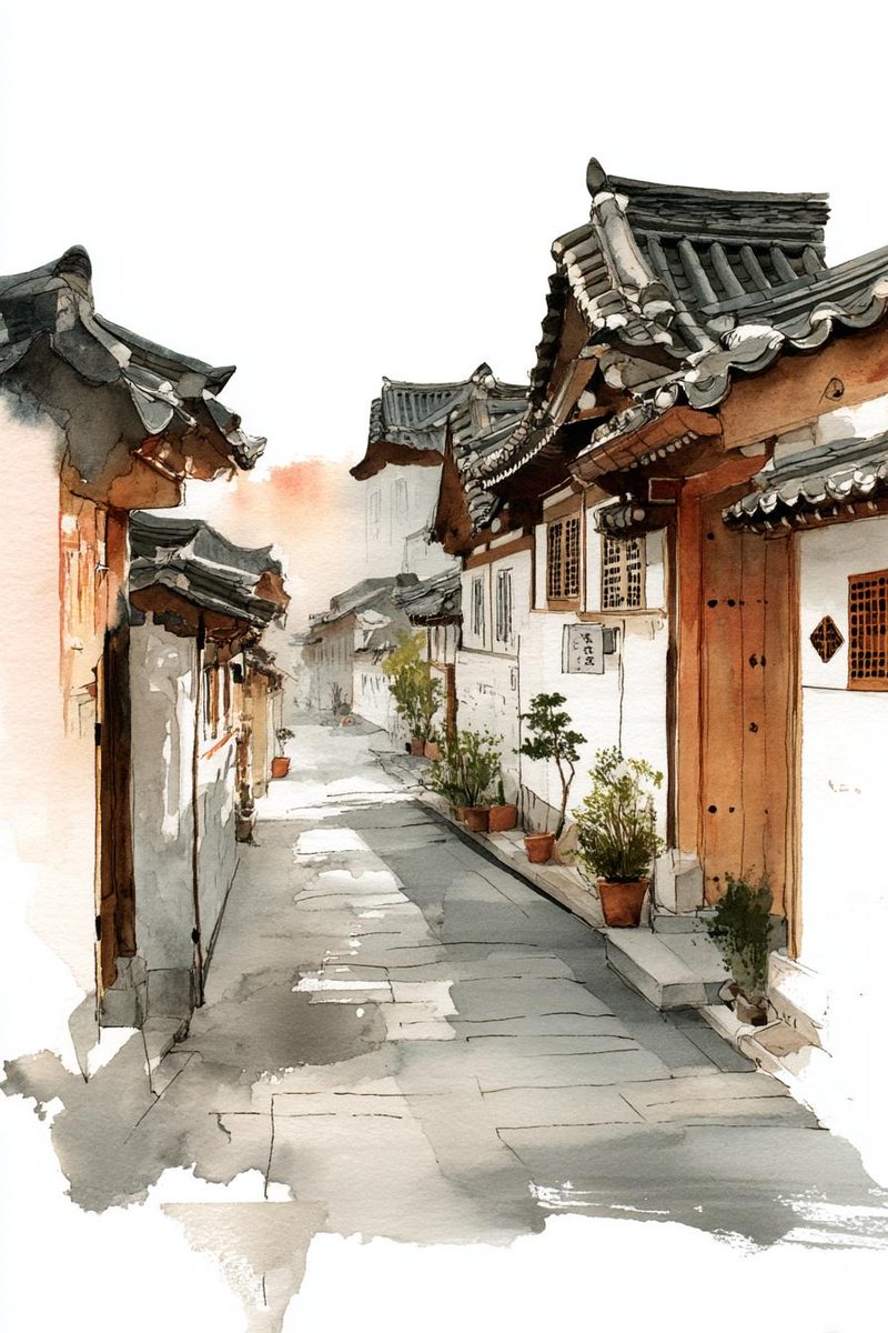 Korean Hanok Watercolor Sketch example 2