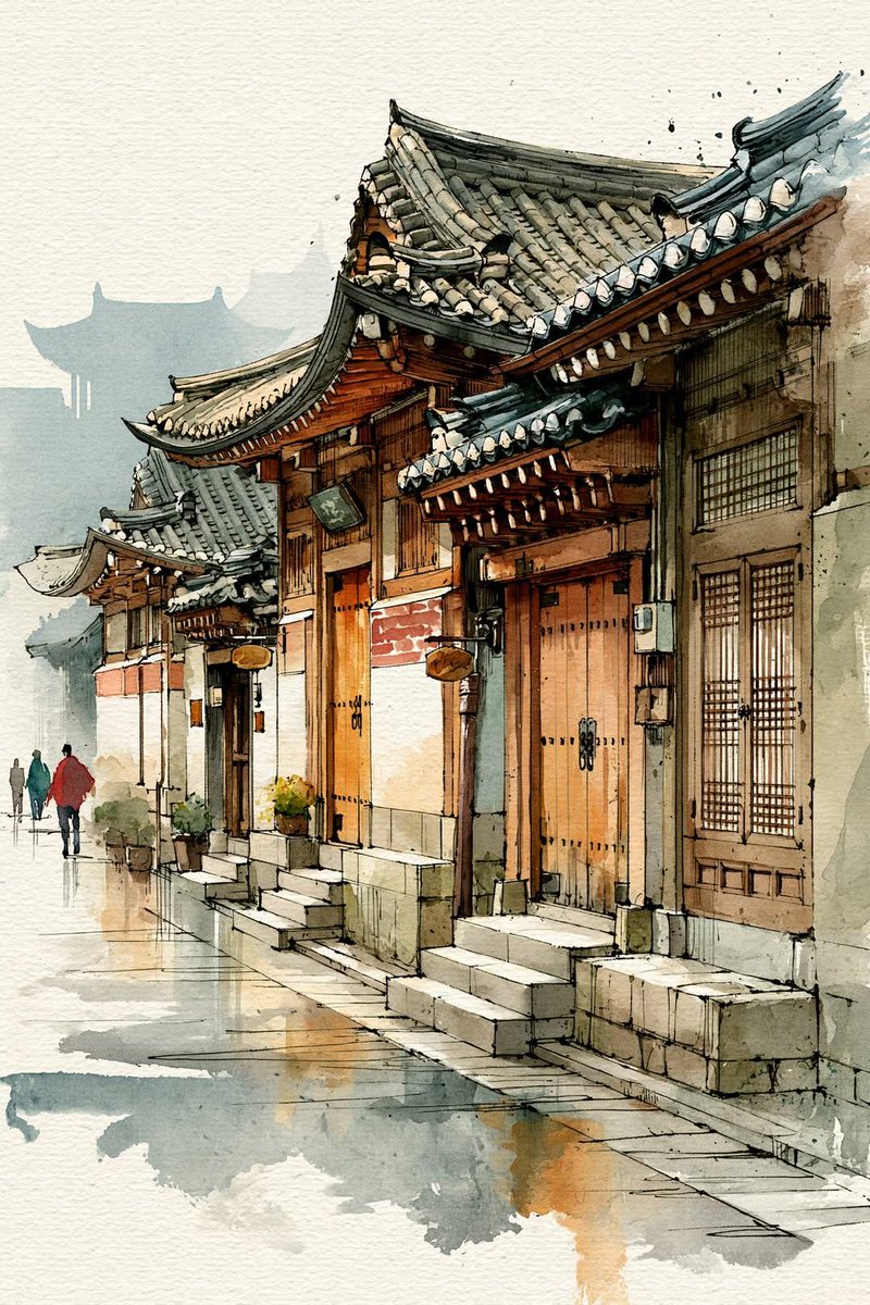 Korean Hanok Watercolor Sketch example 3