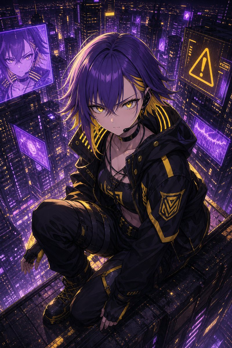 Cyberpunk-Anime-Key-Visual auf einem Hochhausdach