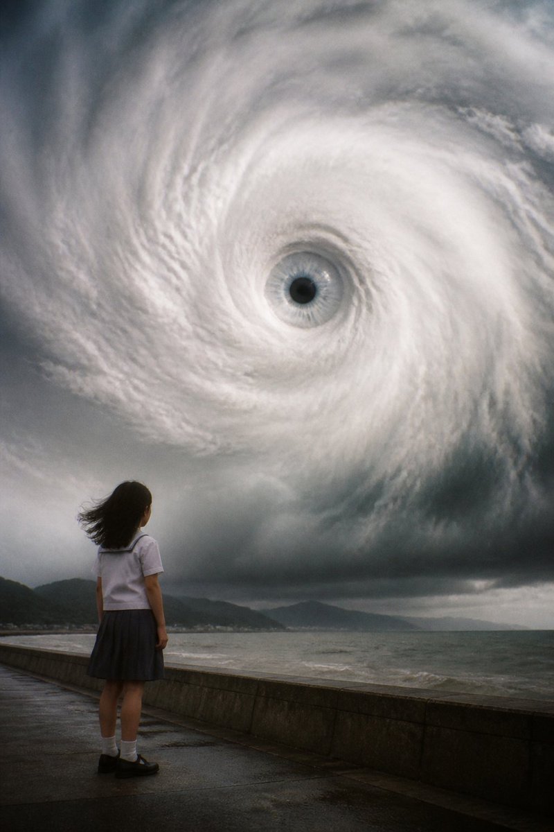 Typhoon Eye Watching Schoolgirl