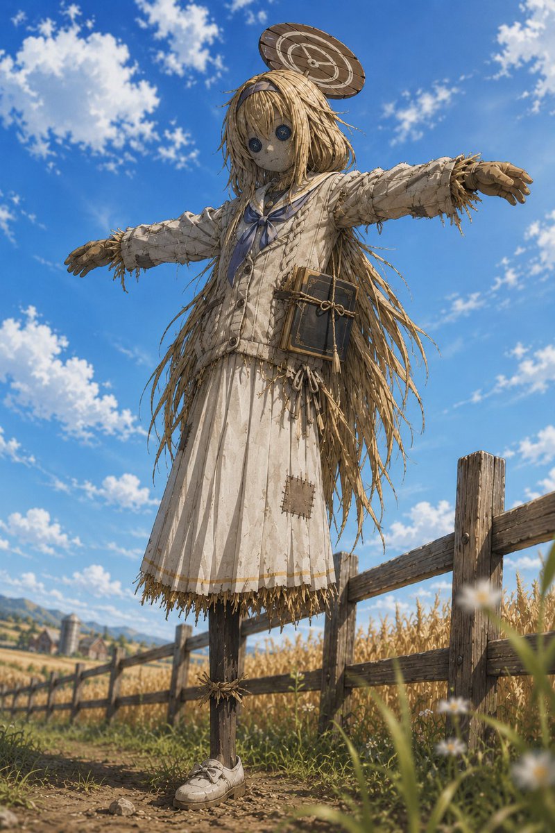 Anime Schoolgirl Scarecrow in Rural Field