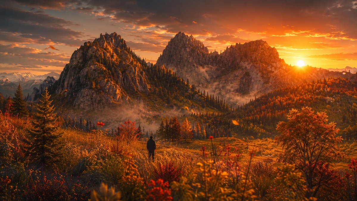 Cinematic Alpine Sunset Hiker