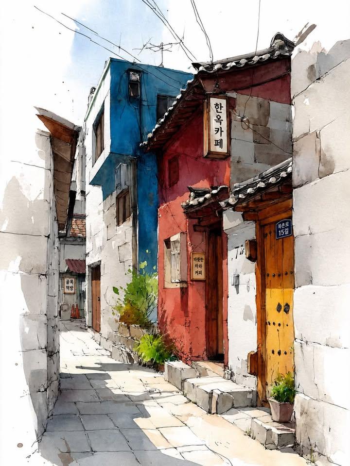 Watercolor Korean Hanok Village Sketch
