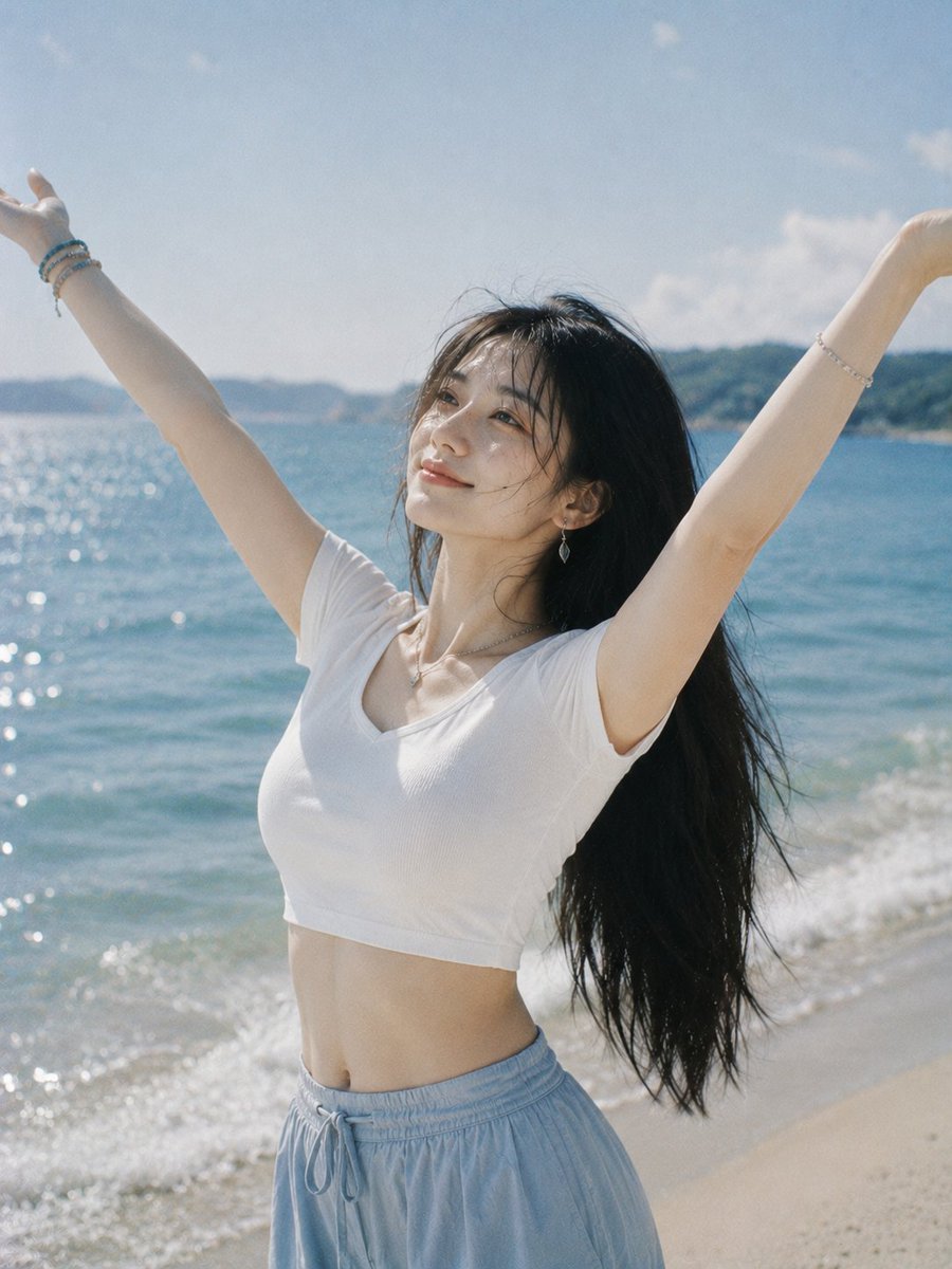 Profile / Avatar - Joyful Woman Raising Arms at Beach - Image 1