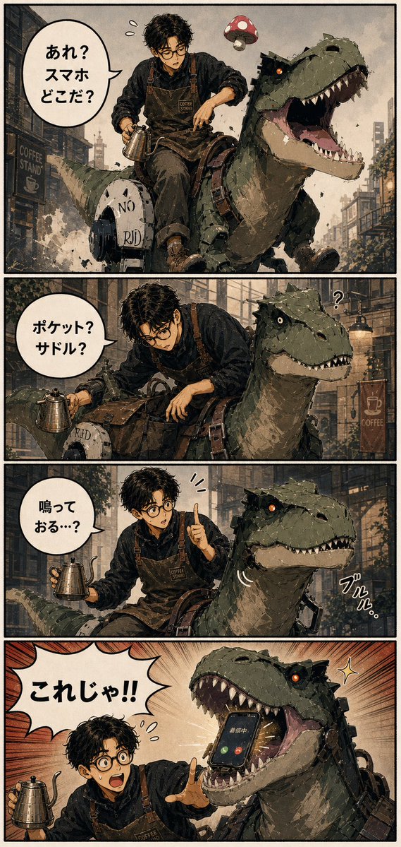 Comic / Storyboard - Four-Panel Smartphone T-Rex Manga - Image 1
