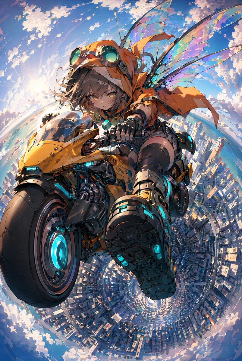 微型星球城市上空的精灵机车手