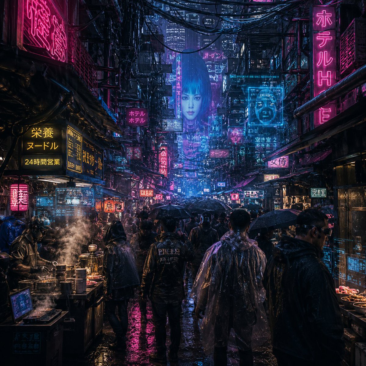 嘈杂的赛博朋克雨夜小巷