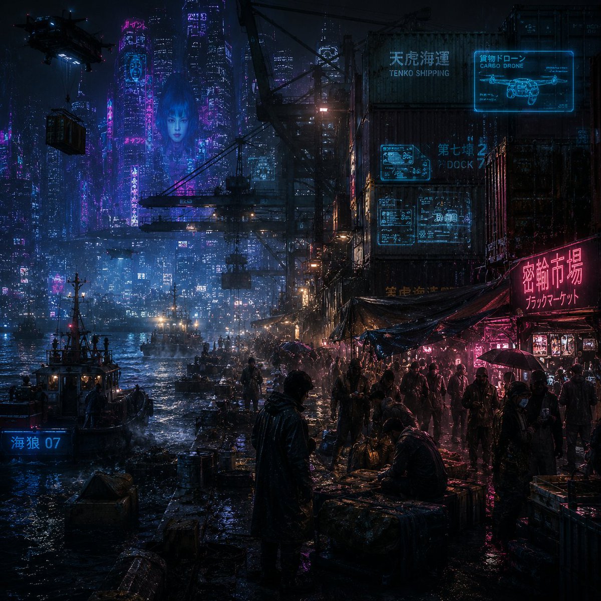雨中赛博朋克港口黑市