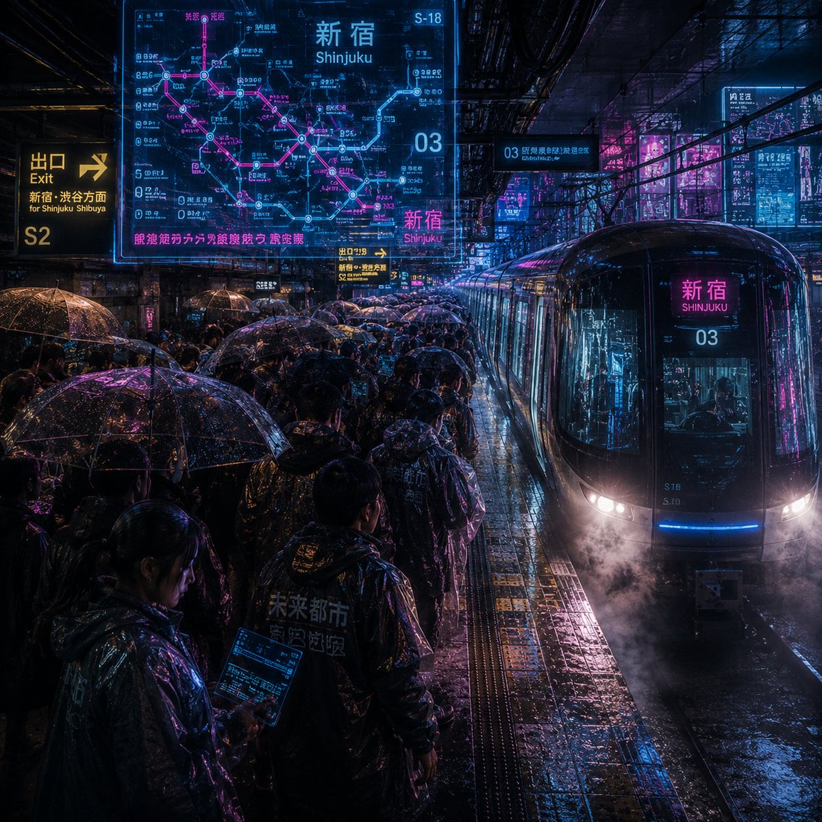 嘈杂的赛博朋克新宿雨中站台