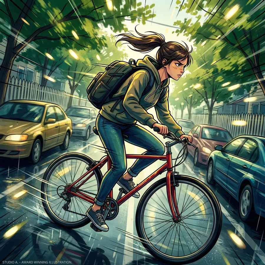 Social Media Post - Girl Cycling City Illustration - Image 1