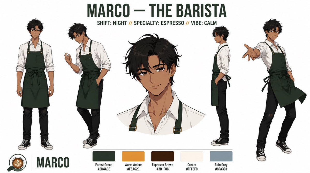 Comic / Storyboard - Anime Barista Character Reference Sheet - Image 1