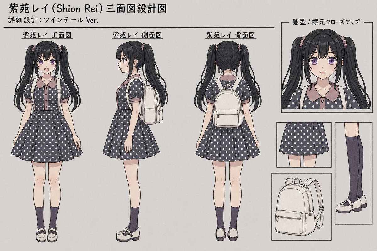 Shion Rei Three-View Character Sheet
