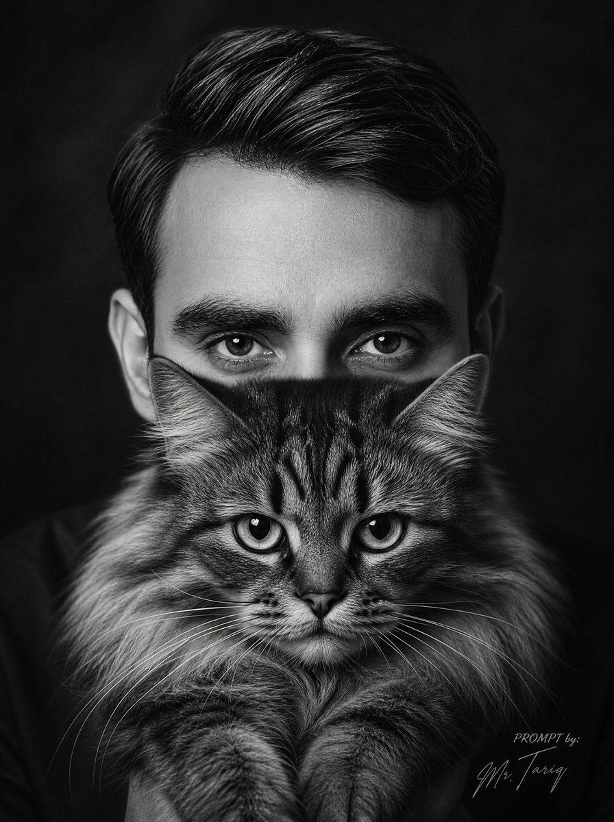 黑白男子抱猫肖像