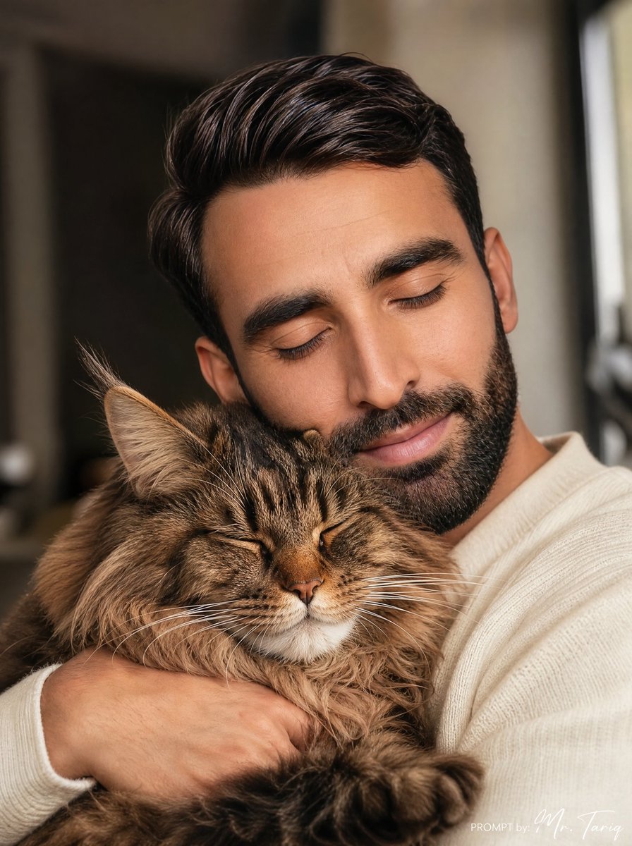 温馨男子怀抱缅因猫