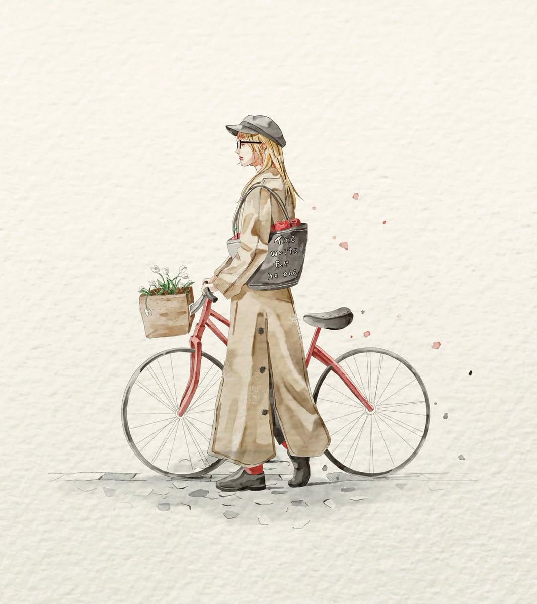水彩时尚插画：自行车少女