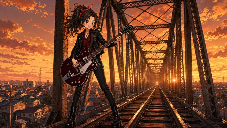 Anime Rock Guitarist on Railway Bridge