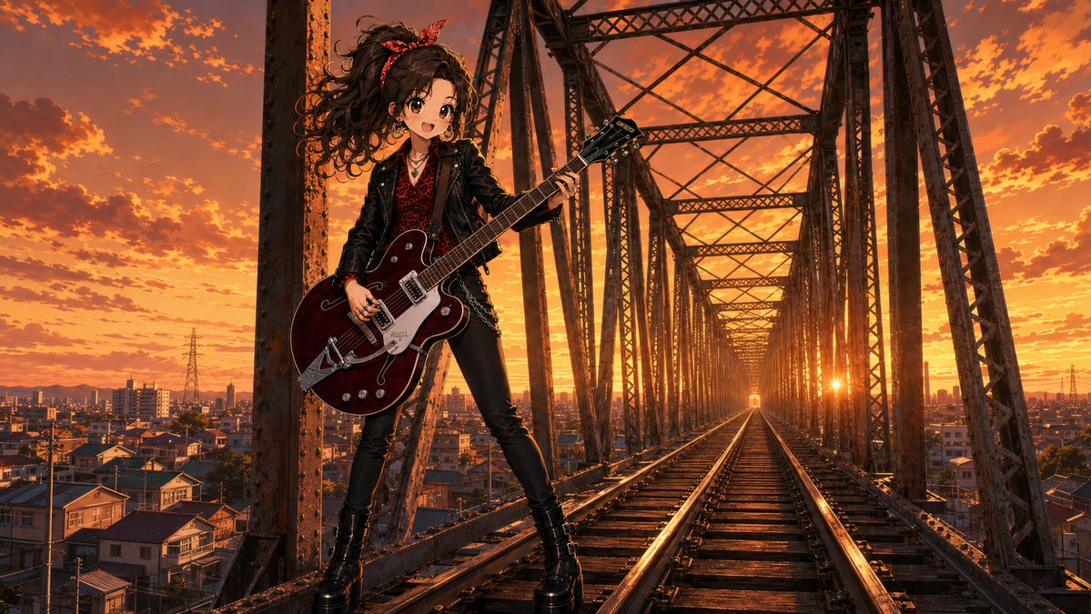Anime Rock Guitarist on Railway Bridge