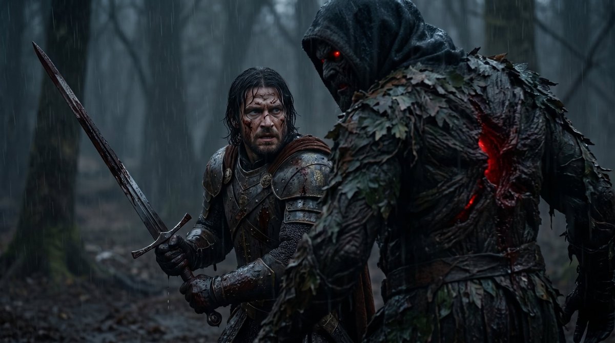 Sample output image for Battle-Worn Knight vs Forest Wraith