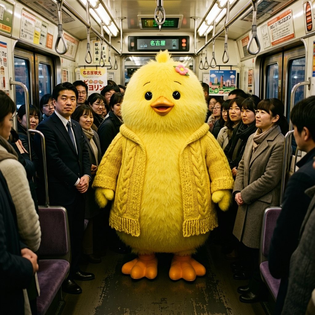 Yellow Chick Mascot on Japanese Train