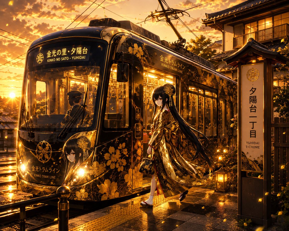 Golden Anime Tram at Sunset