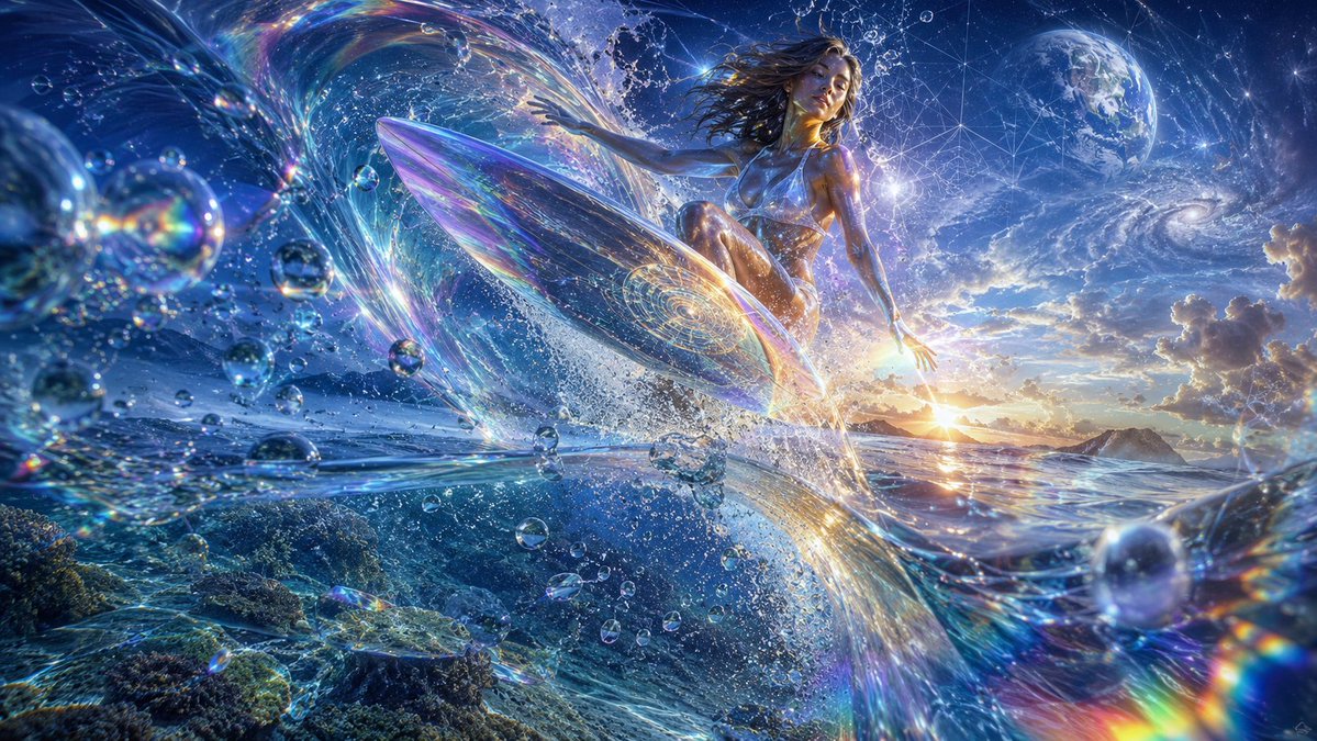 Cosmic Surfer on Iridescent Wave