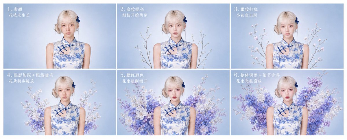 提示词：👇
生成一张 6 步流程图，主题为「旗袍花卉妆造生成过程」。每个小图保持 16:9，排版干