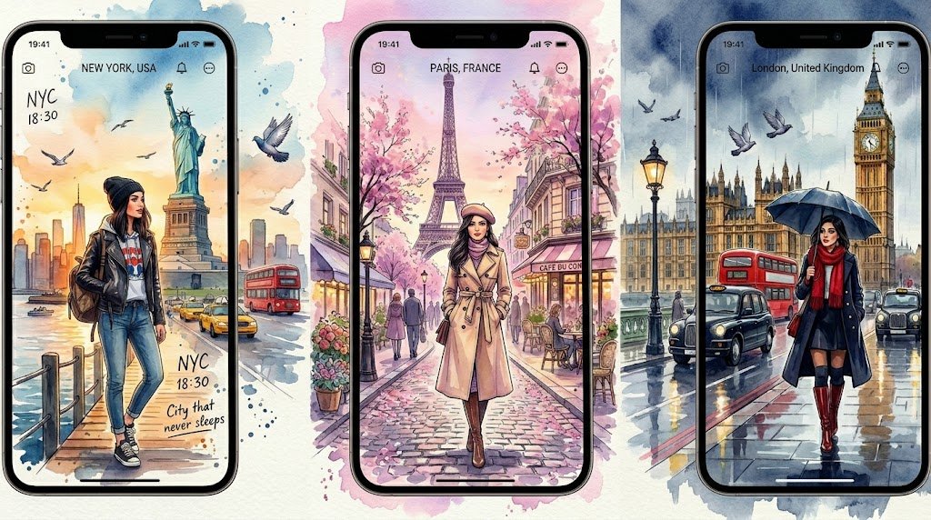 Watercolor Travel App Phone Mockups
