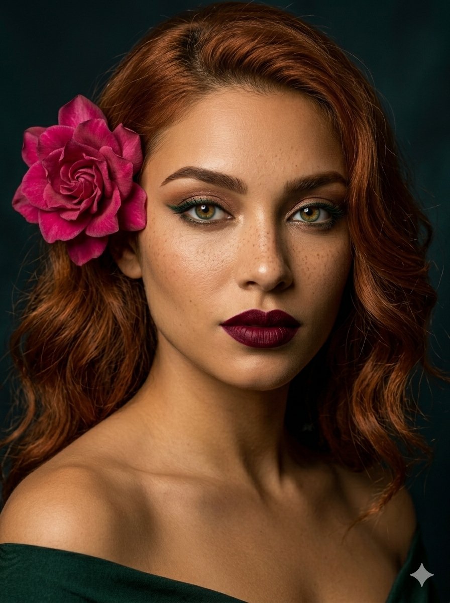 Sample output image for Auburn Portrait with Camellia Flower