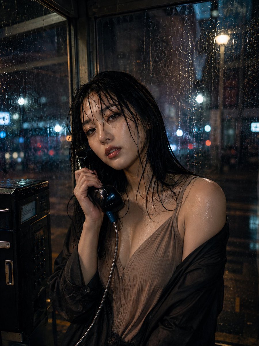 Cinematic Rainy Night Phone Booth Portrait