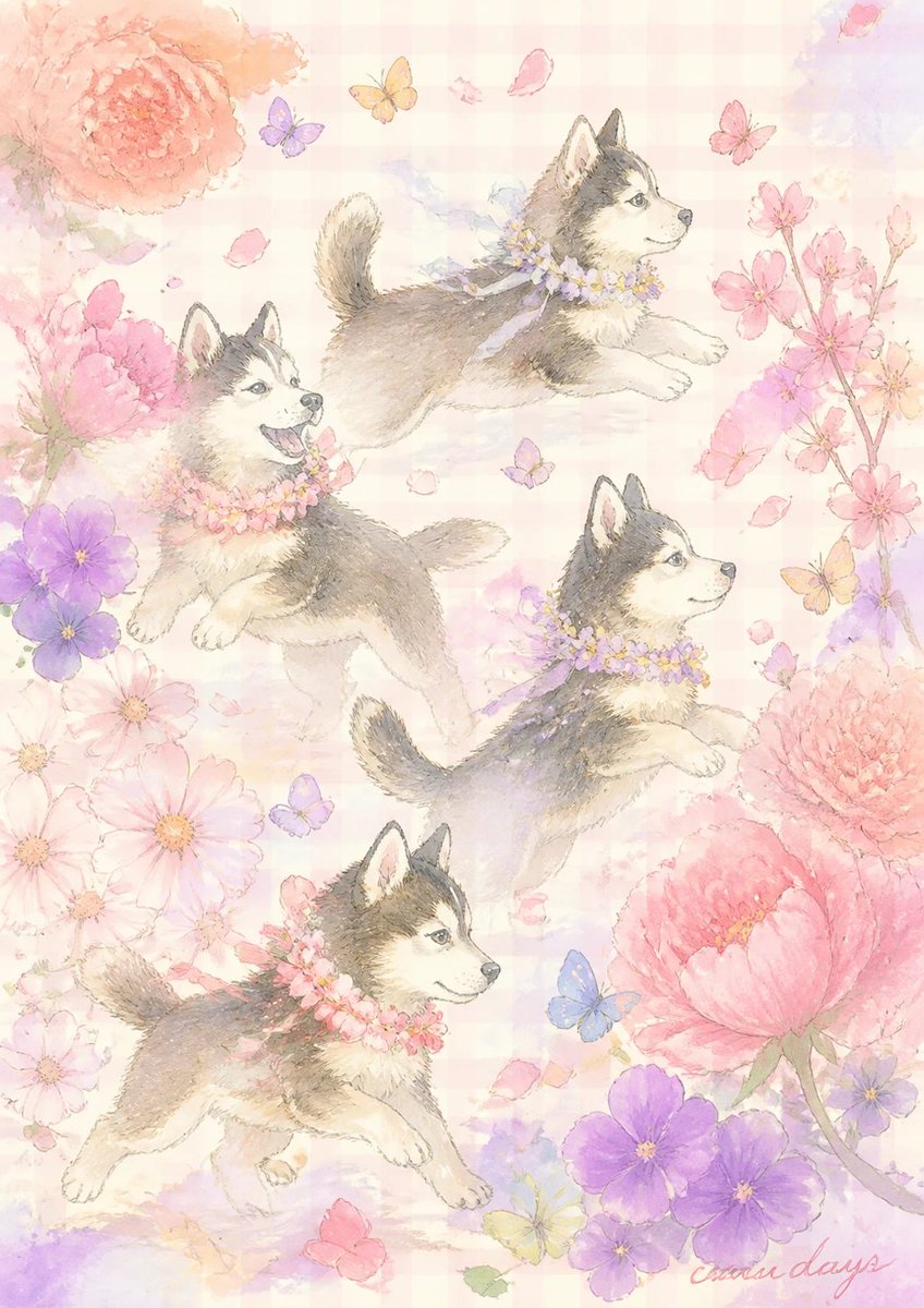 Pastel Husky Puppy Flower Garden
