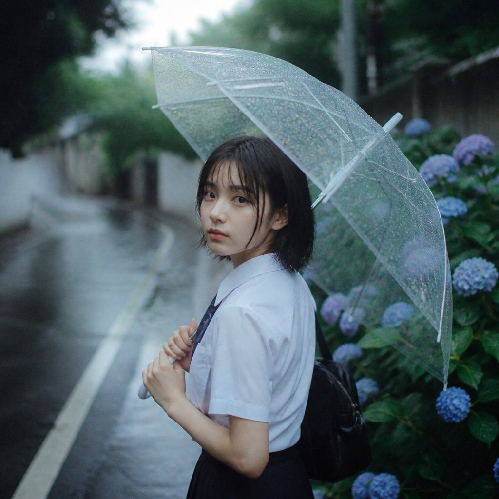 Rainy Schoolgirl With Transparent Umbrella