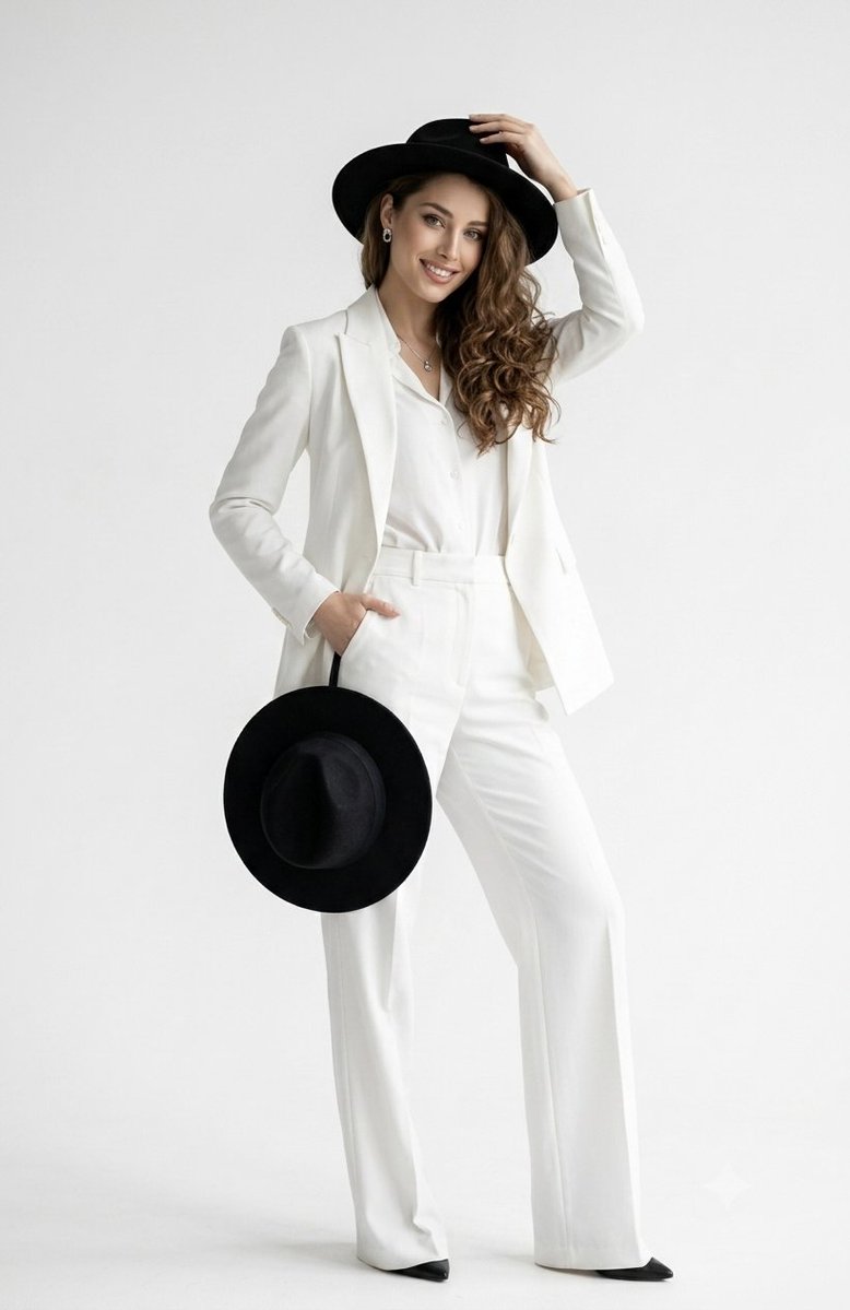 Sample output image for Elegant White Pantsuit Studio Portrait
