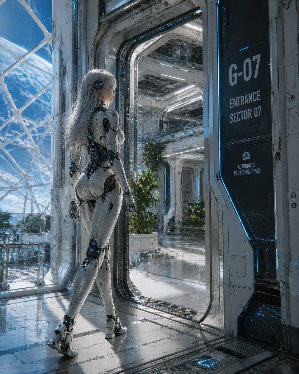 Female Android at Space Station Entrance
