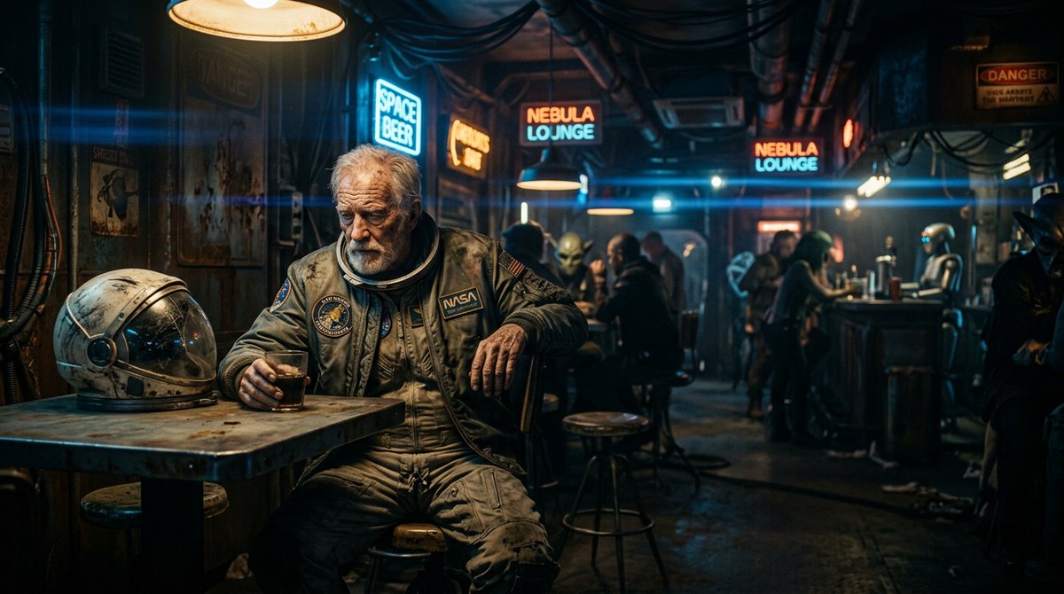 Sample output image for Old Astronaut in Futuristic Bar