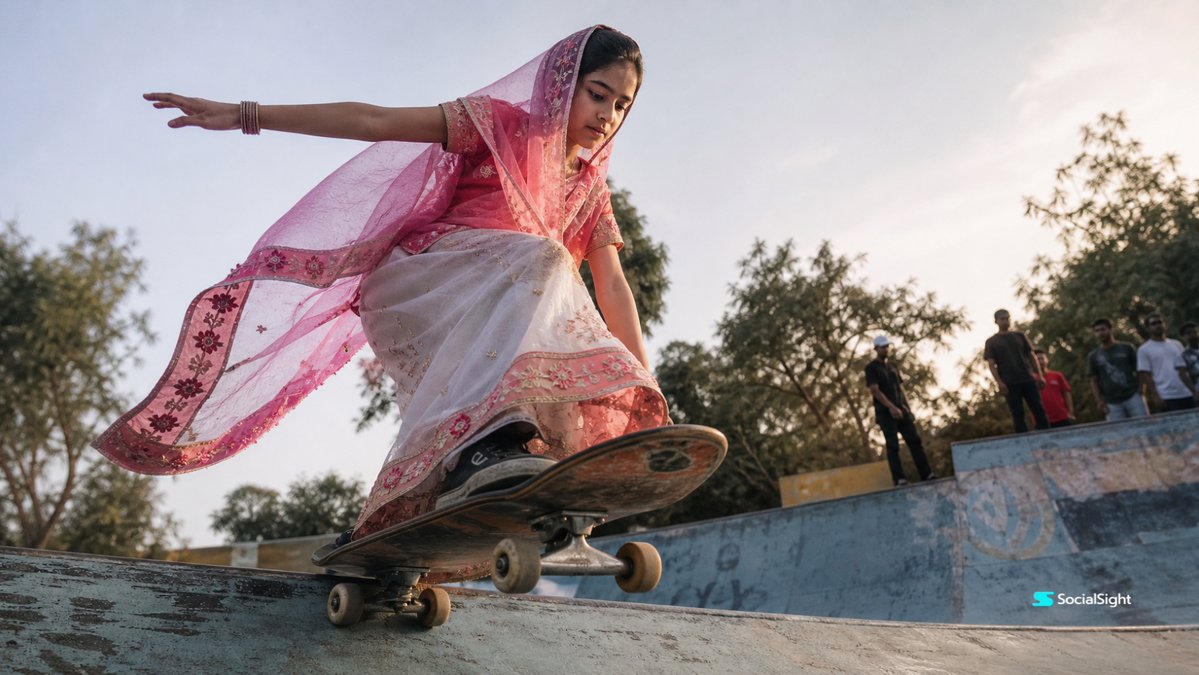 Skateboarding Girl in Traditional Sari