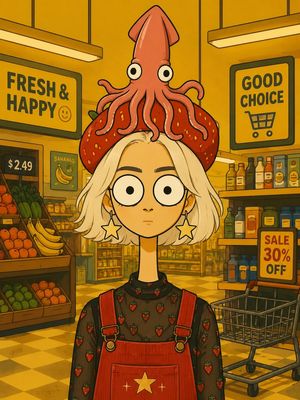 Bizarre Flat Cartoon Portrait — Vertical bizarre flat cartoon portrait of {argument name="subject" default="a girl from the attached photo"} with a high geometr