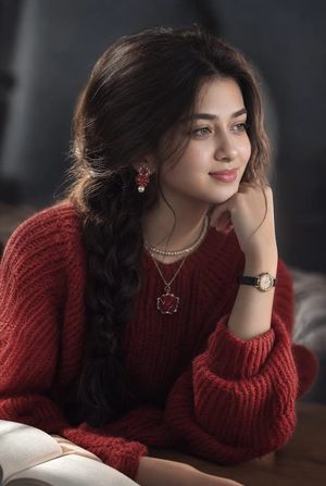Cozy Vintage Sweater Portrait — A cozy indoor setting with a cool gray background. A beautiful 20-year-old woman with an oval face, fair cool-toned skin, and re