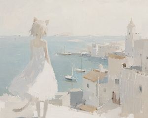 Minimalist Cat Girl Seaside Painting AI image template preview