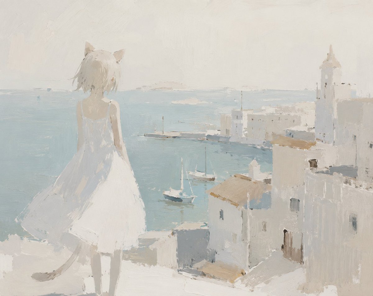 Minimalist Cat Girl Seaside Painting