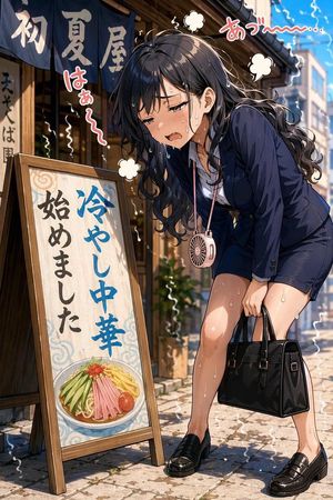 Overheated Office Lady at Noodle Shop — Create a vertical anime-style summer street illustration of a young office woman stopping outside a…