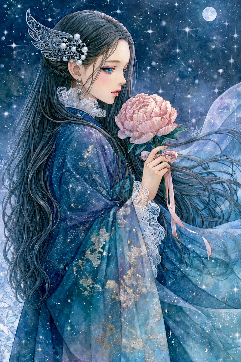 Moonlit Anime Woman with Peony