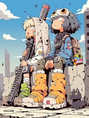 Anime Post-Apocalyptic Scavenger Kids — Create a stylized anime / manga illustration of two young post-apocalyptic scavenger kids sitting si…