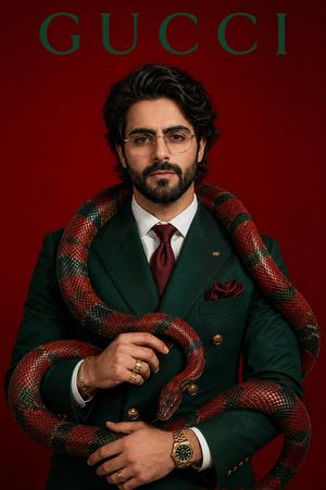 Emerald Suit Fashion Snake Portrait — Ultra-realistic high-fashion editorial portrait of a {argument name="subject" default="stylish boy"} in a {argument name="
